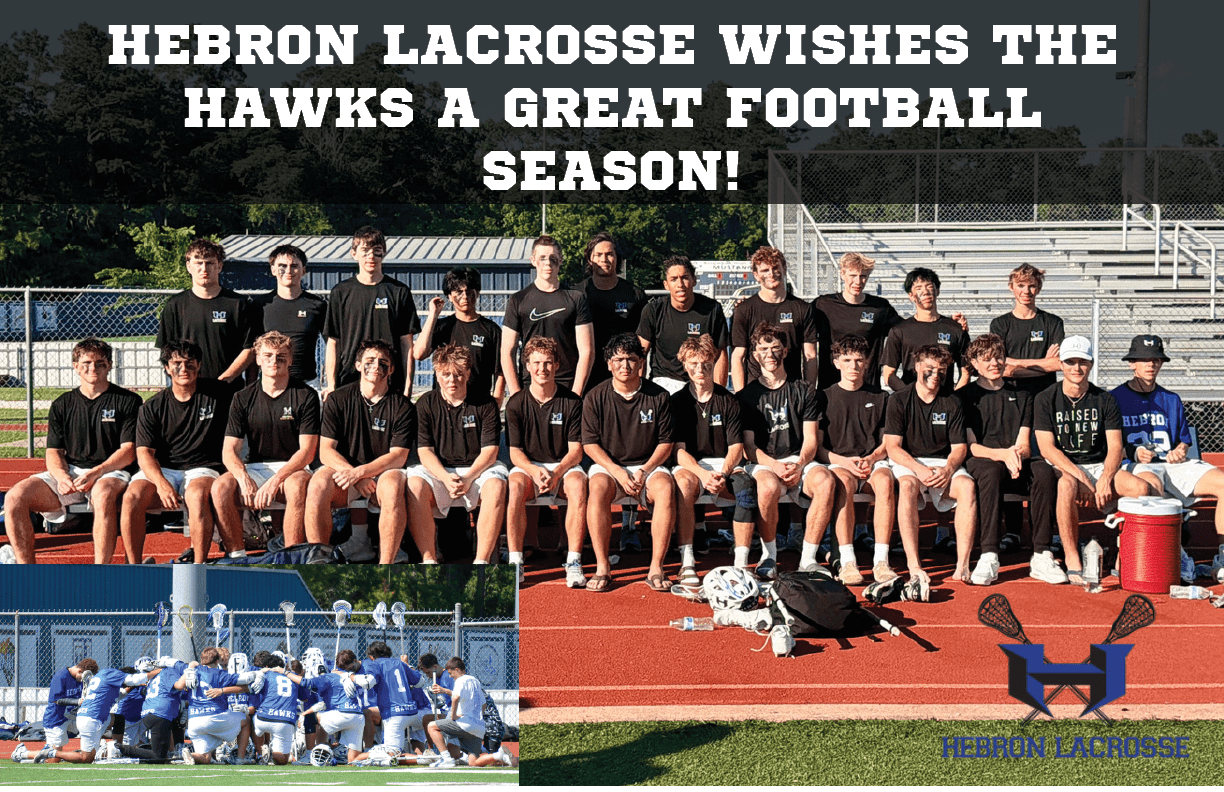 A group of people in matching sportswear sit and stand on bleachers with text above them wishing the Hawks a great football season, alongside smaller images of a sports team huddling and a dog lying on a track field. Description generated by AI