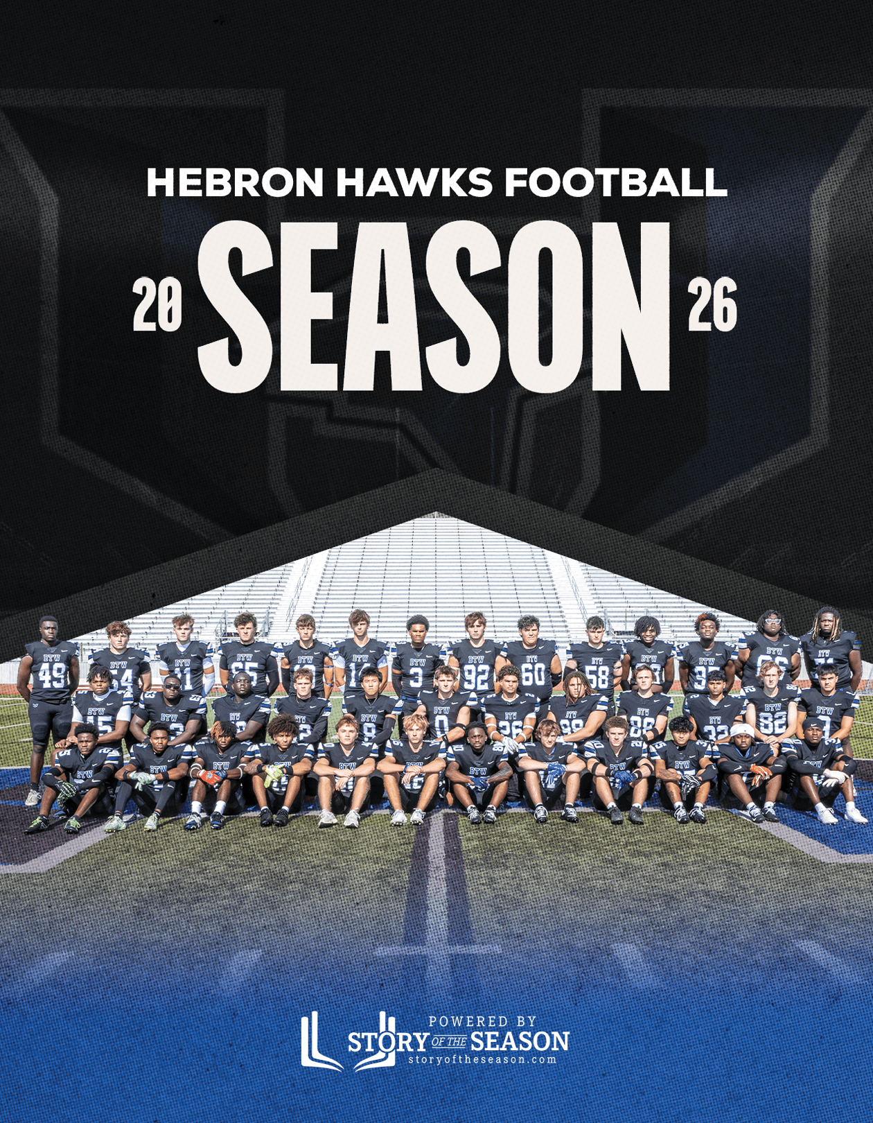 A large group of people in football uniforms is posed on a field in front of bleachers with the text Hebron Hawks Football 2026 Season above them. Description generated by AI