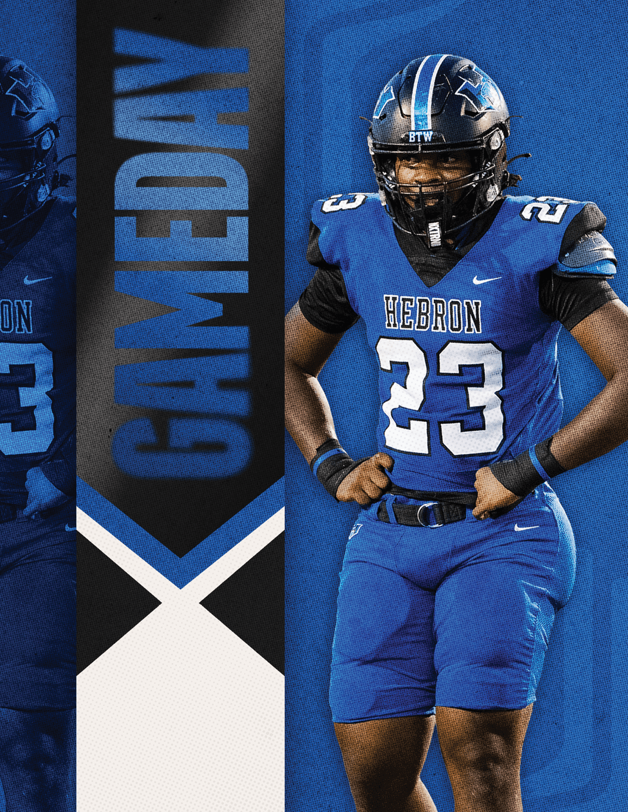 A person in a blue football uniform with the number 23 and the word Hebron on the jersey stands confidently with hands on hips against a blue background with the word GAMEDAY vertically displayed. Description generated by AI