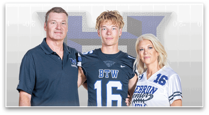 Three people stand closely together smiling with the person in the middle wearing a sports jersey numbered 16 and the two on either side wearing matching team apparel. Description generated by AI
