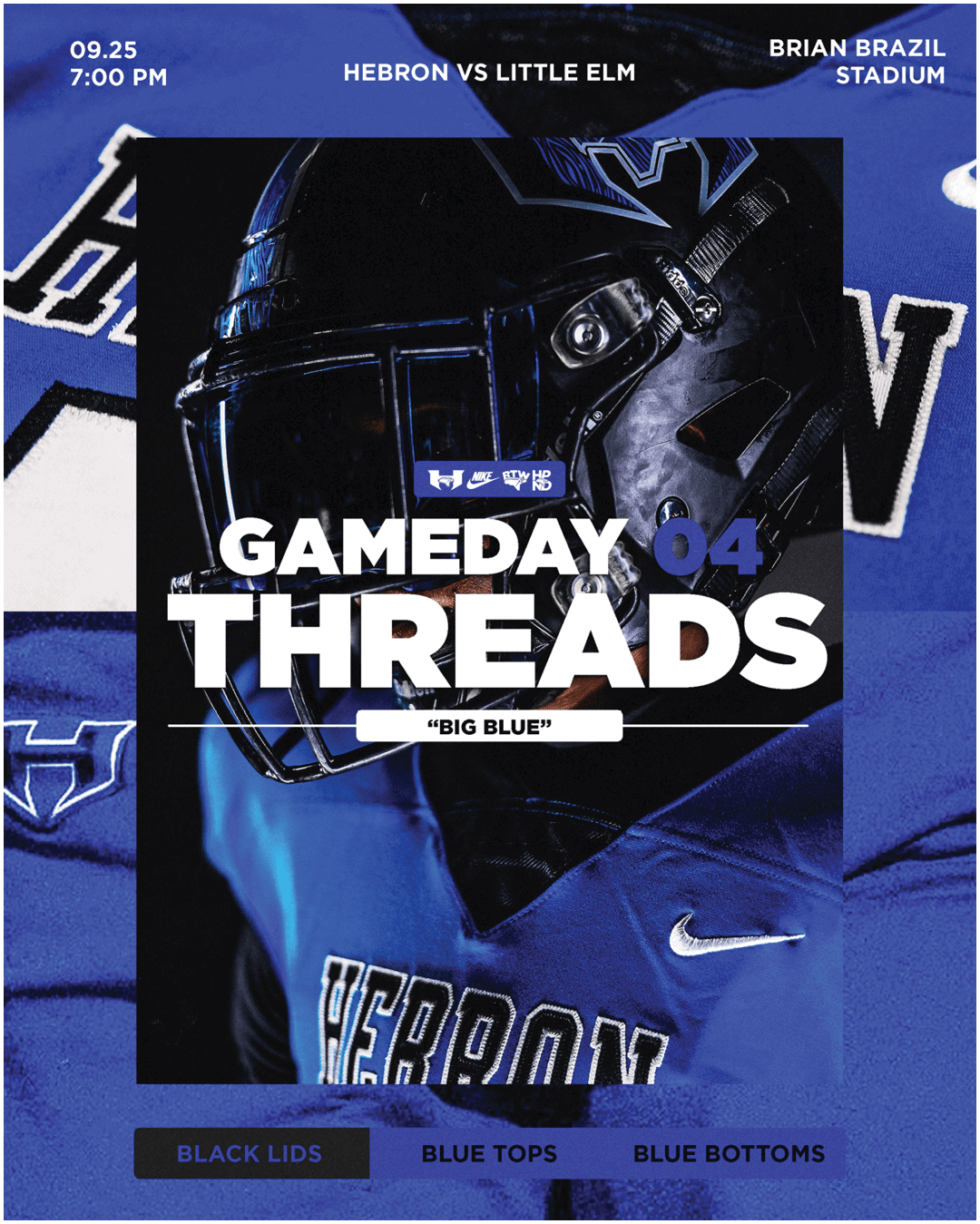 A person wearing a blue Hebron football jersey and black helmet is featured in a promotional graphic for a game between Hebron and Little Elm at Brian Brazil Stadium. Description generated by AI