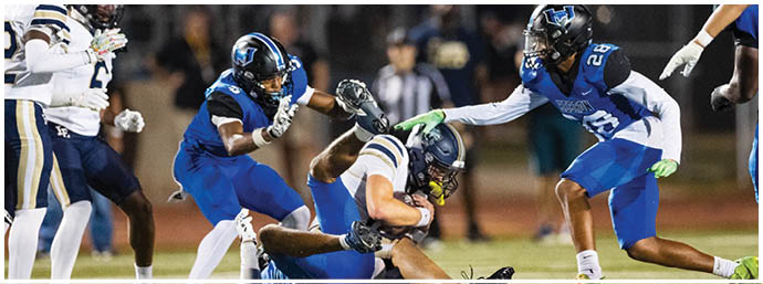 Two people in blue football uniforms tackle a person in a white and dark uniform who is holding a football on a field during a game. Description generated by AI