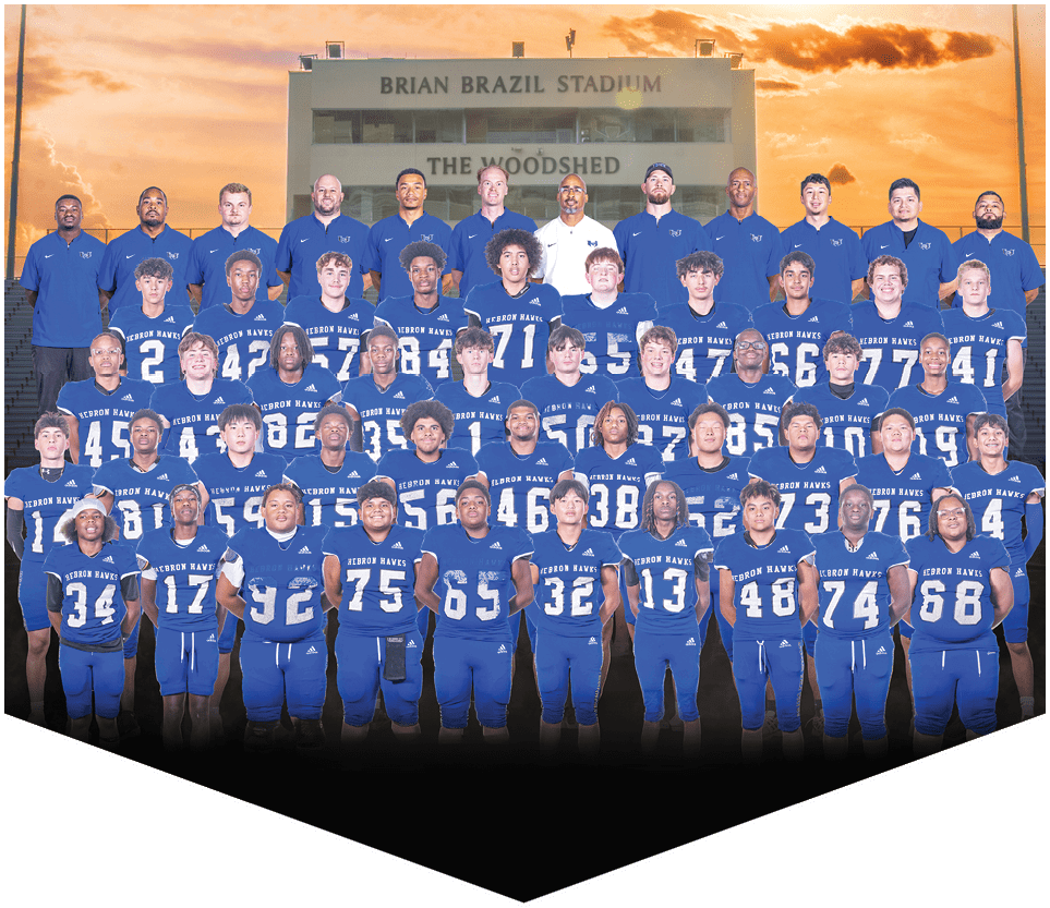 A large group of people wearing matching blue sports uniforms pose together in rows on stadium bleachers with a sunset sky in the background. Description generated by AI