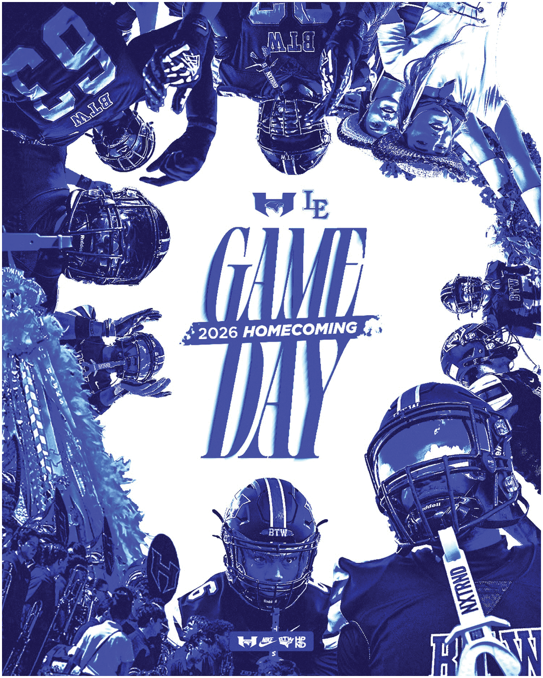 Football players in uniform and helmets surround bold text that reads “The Game Day 2026 Homecoming" in a dynamic blue and white graphic design. Description generated by AI