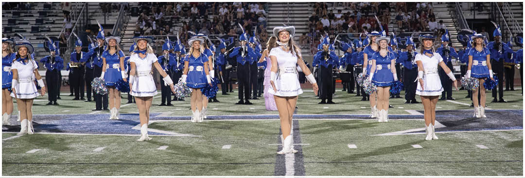 A group of people in blue and white uniforms are performing a coordinated routine on a sports field at night with a crowd seated in bleachers behind them. Description generated by AI