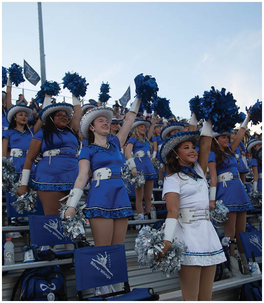 A group of people dressed in blue and white cheerleading uniforms with hats and pom-poms are standing on bleachers, raising their pom-poms in the air. Description generated by AI