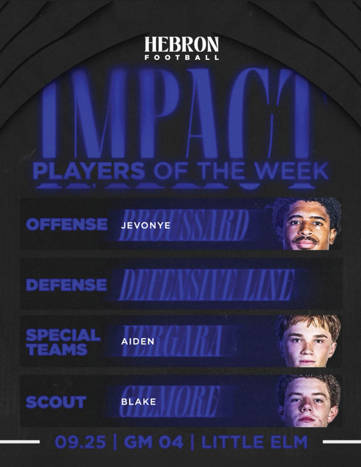 Hebron Football Impact Players of the Week graphic features four players recognized for offense, defense, special teams, and scout roles with their names and headshots against a dark background. Description generated by AI