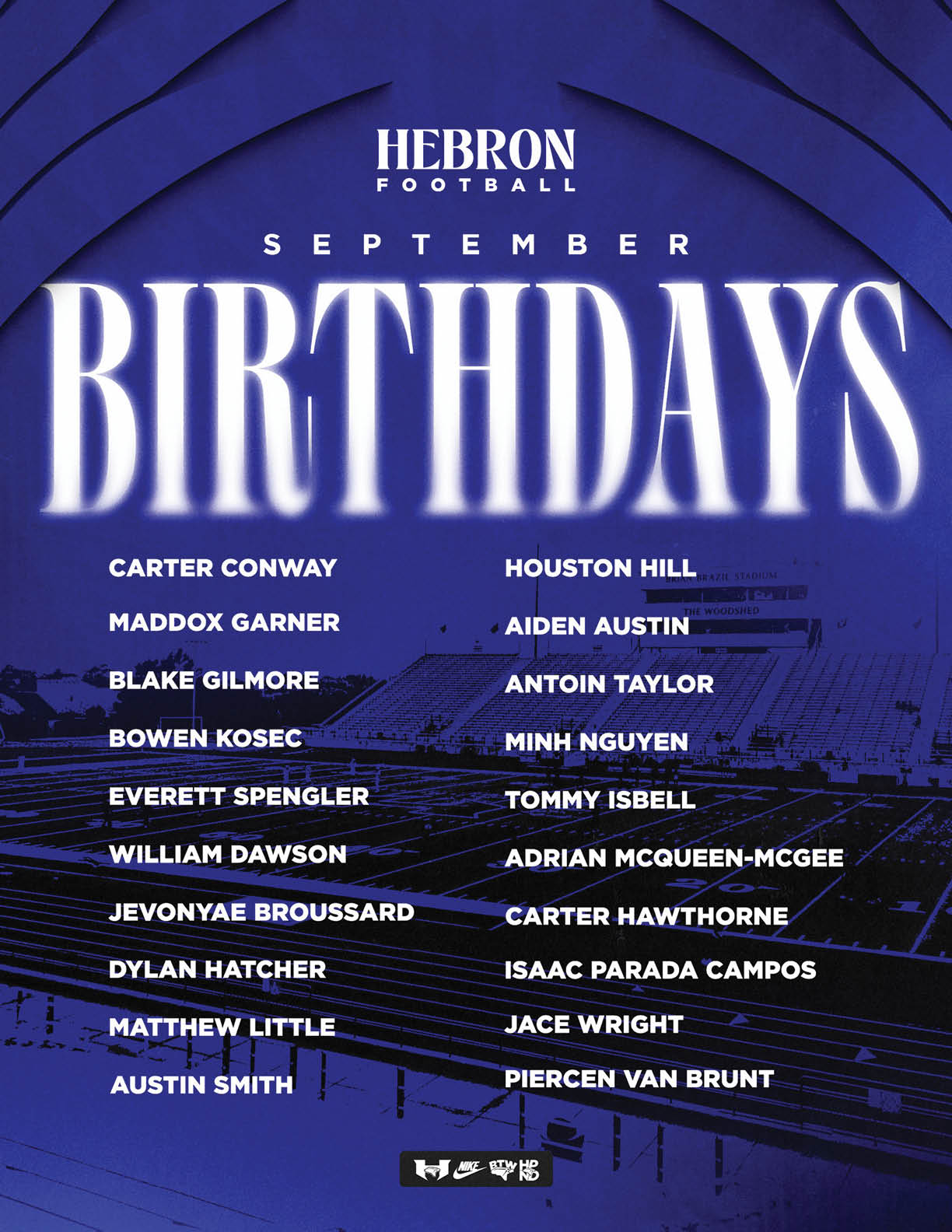 A blue graphic listing September birthdays for Hebron Football players with names arranged in two columns over a faint stadium background. Description generated by AI