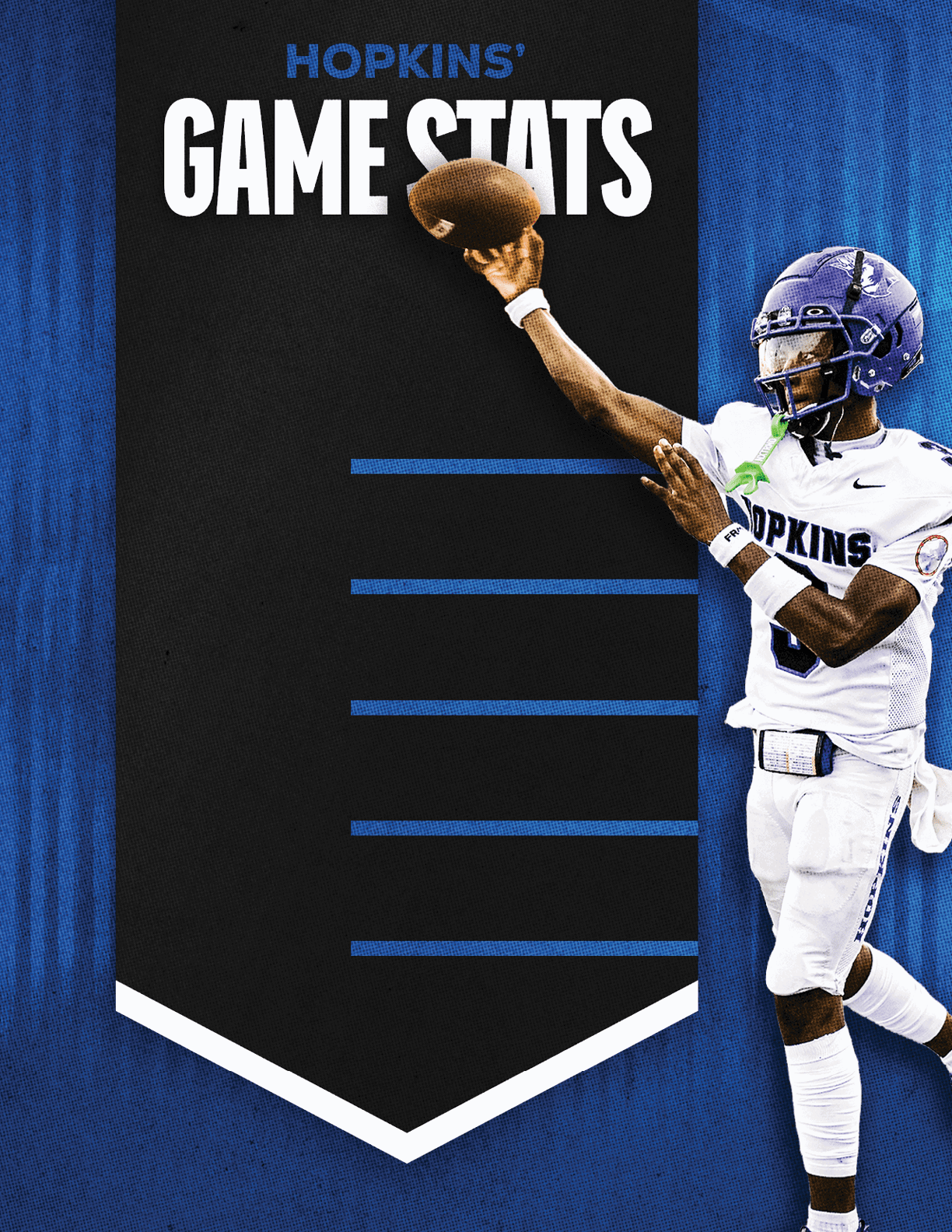 A football player wearing a blue and red jersey. Description generated by AI