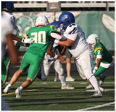 A football player running on the field. Description generated by AI