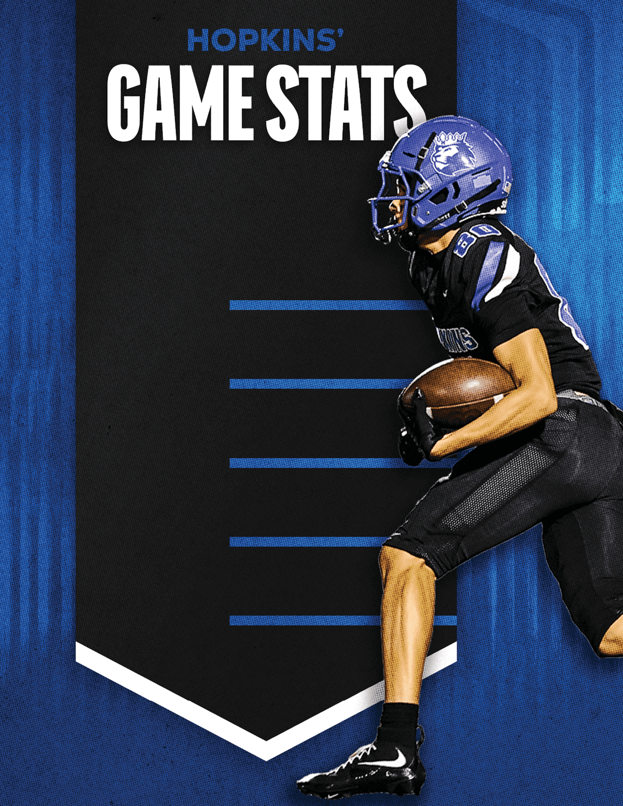 A football player wearing a blue and red jersey. Description generated by AI
