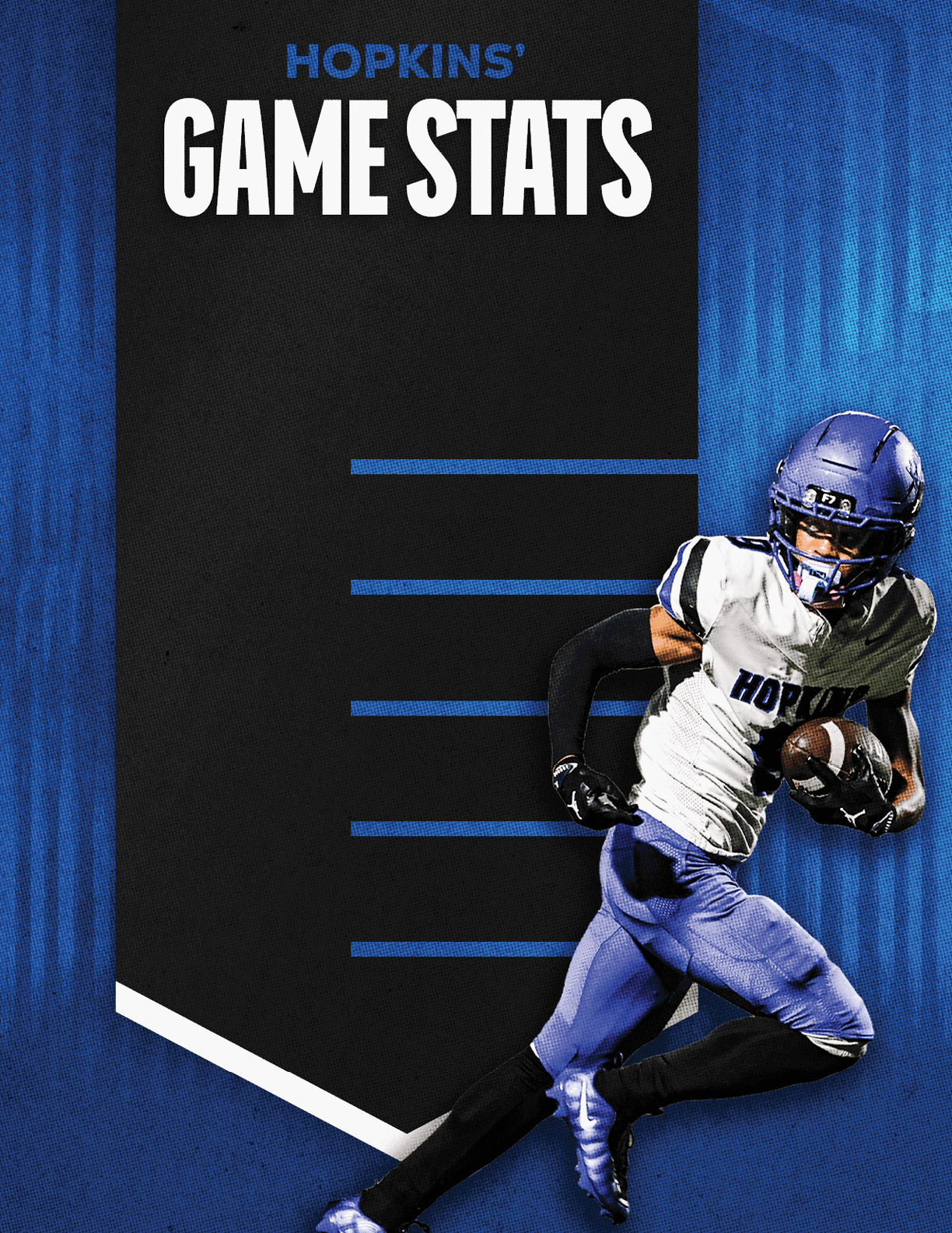 A football player wearing a blue and red jersey. Description generated by AI