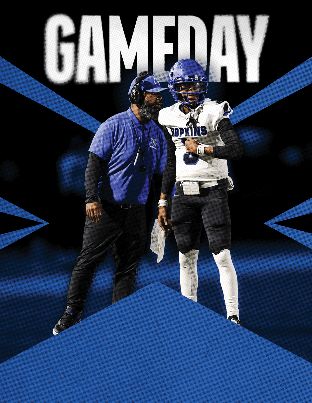 Two football players celebrating a touchdown. Description generated by AI