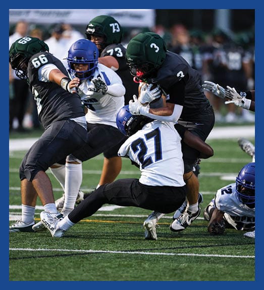 A football player in a white uniform is running with a football in his hand. AI generated content