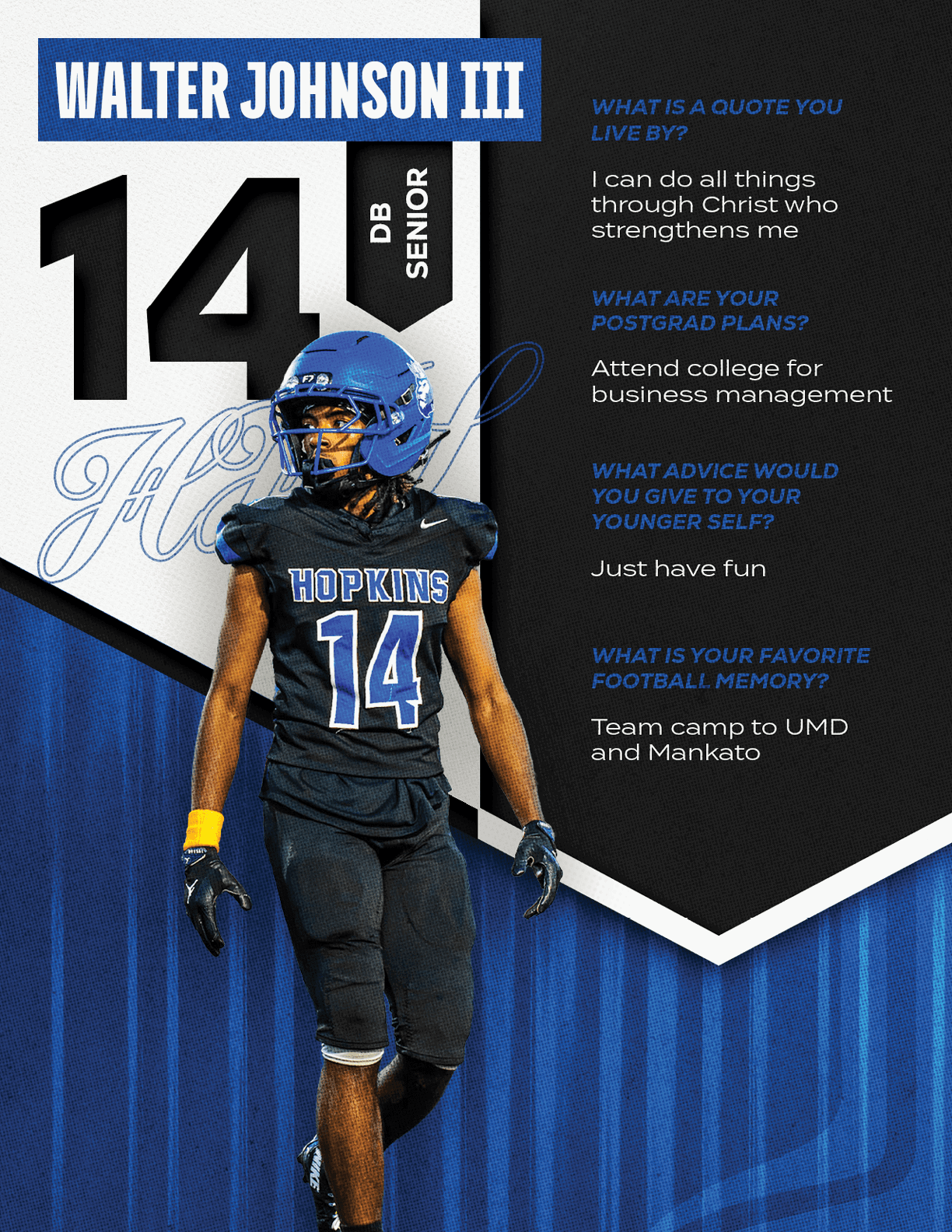 A football player wearing a blue and red jersey with the number 15 on it. Description generated by AI