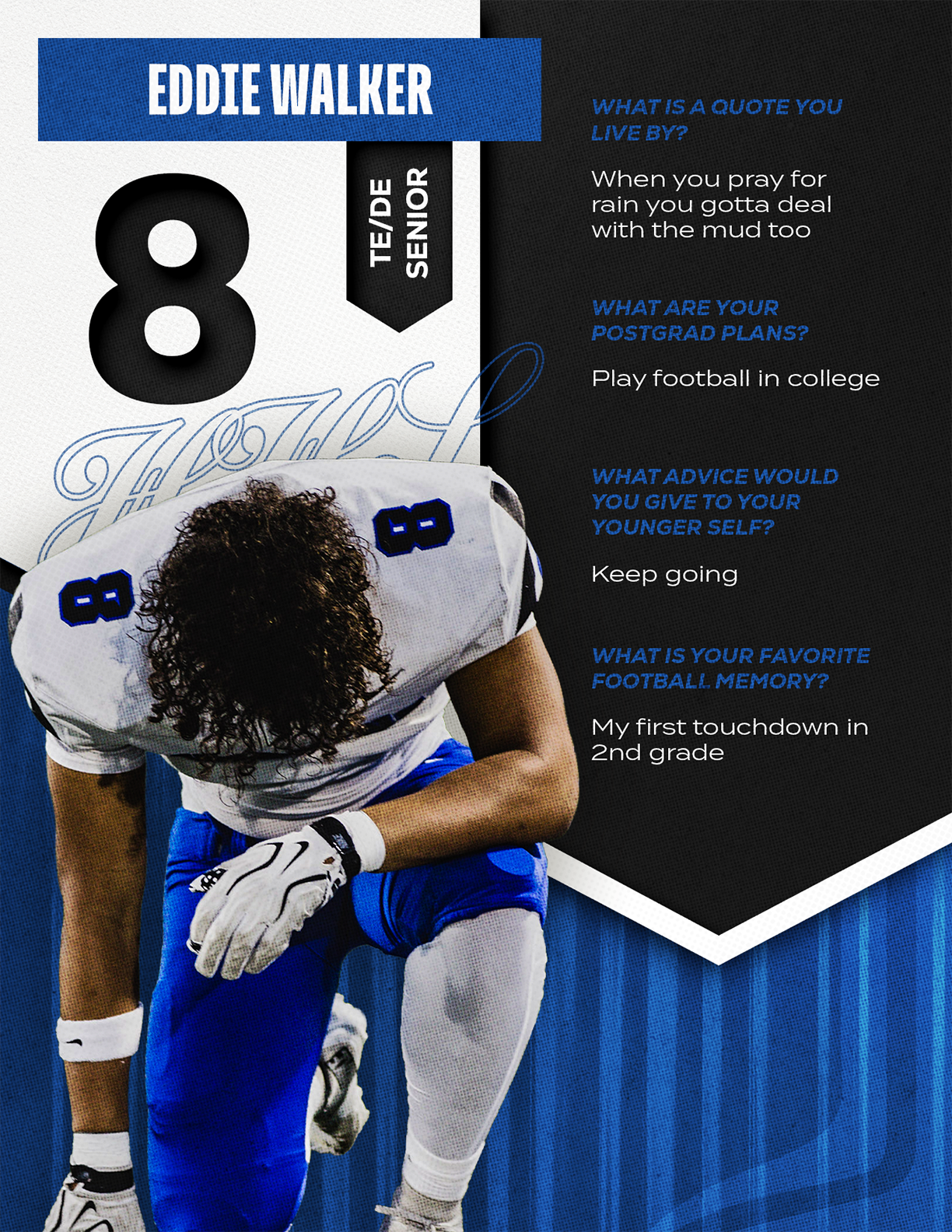 A football player wearing a blue and red jersey with the number 15 on it. Description generated by AI