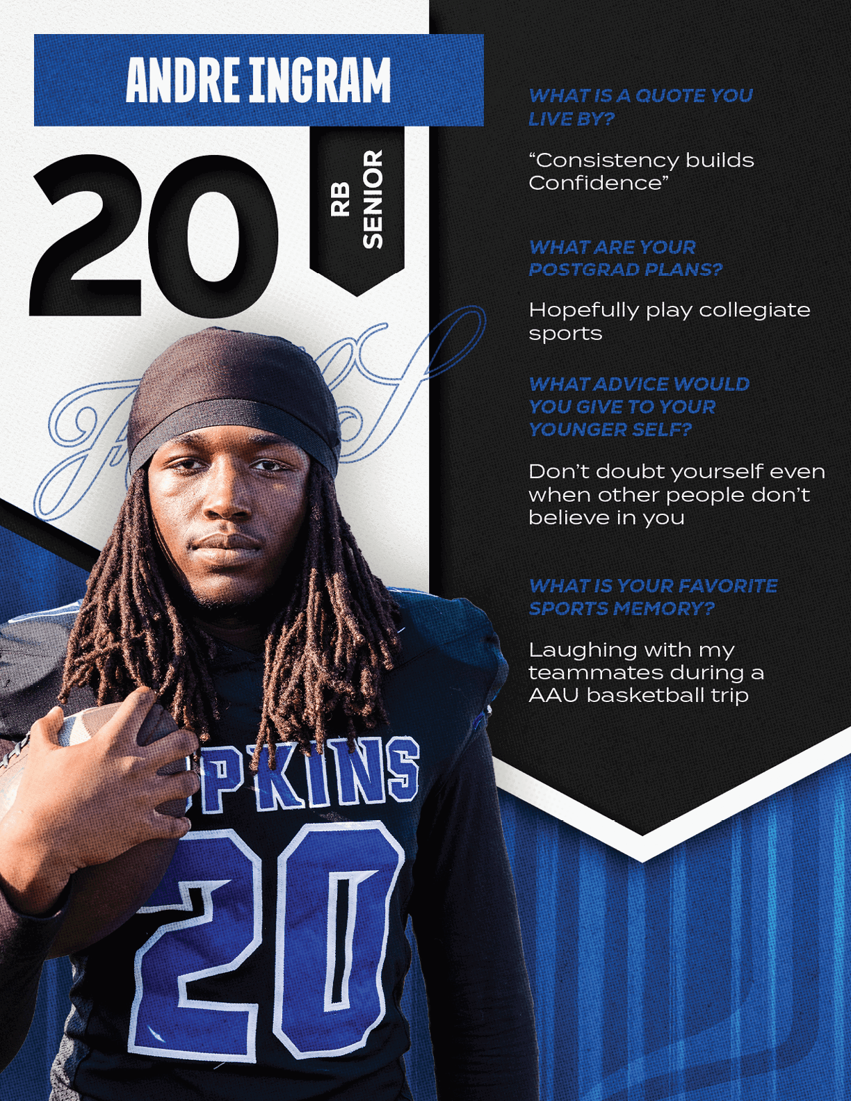 A football player wearing a blue and red jersey with the number 15 on it. Description generated by AI