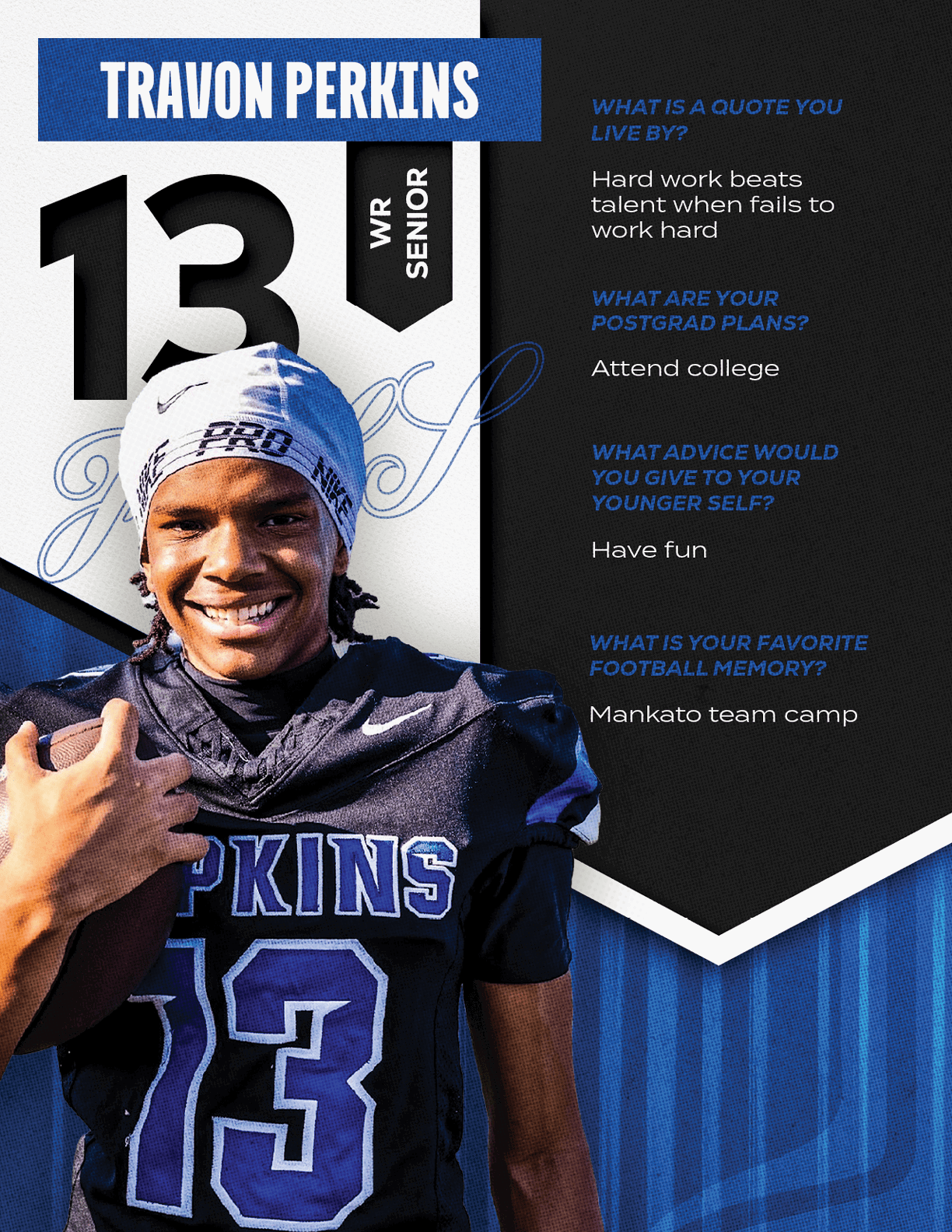 A football player wearing a blue and red jersey with the number 15 on it. Description generated by AI