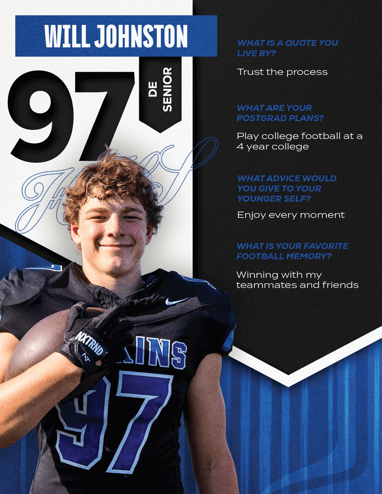 A football player wearing a blue and red jersey with the number 15 on it. Description generated by AI