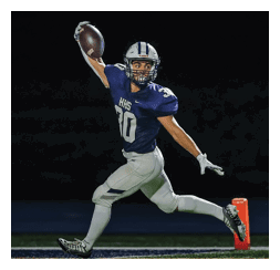 Two football players wearing black jerseys and holding hands. Description generated by AI
