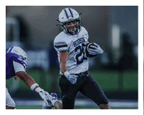 Two football players wearing black jerseys and holding hands. Description generated by AI