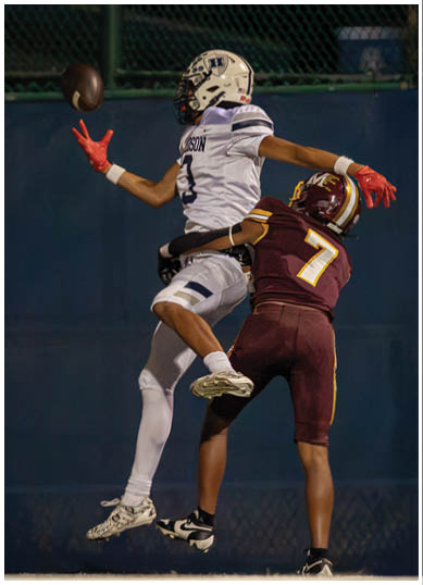 A football player wearing a blue and red jersey. Description generated by AI