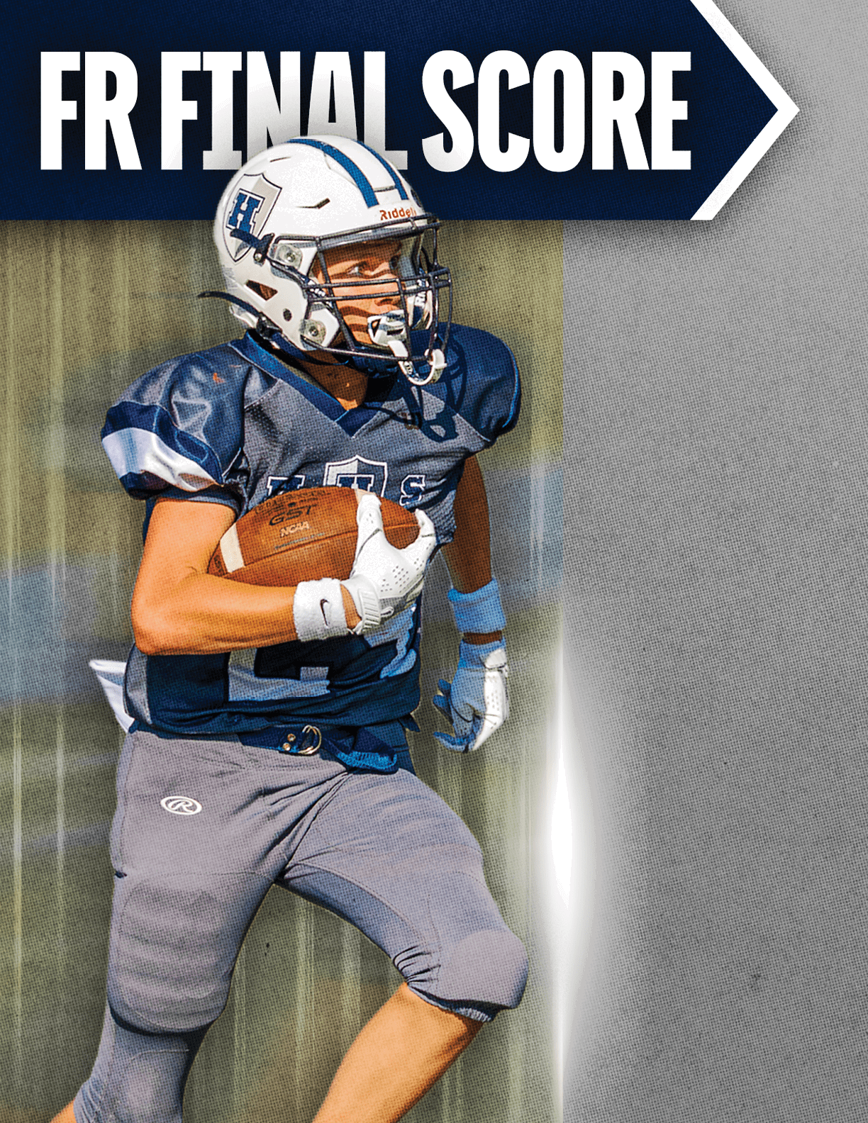 A football player with a white helmet. Description generated by AI