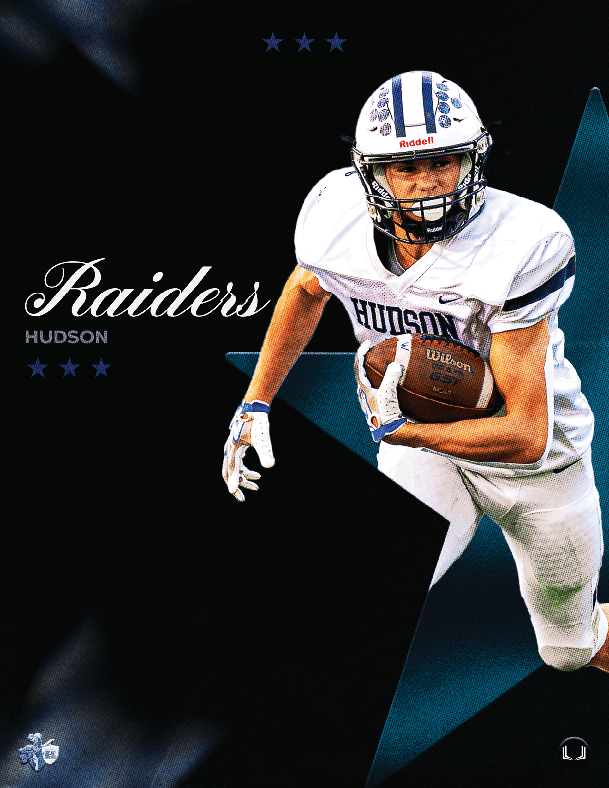 A football player wearing a blue and white uniform. Description generated by AI