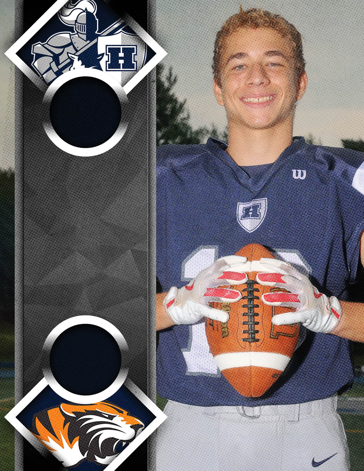 A football player wearing a blue jersey with the number 79. Description generated by AI