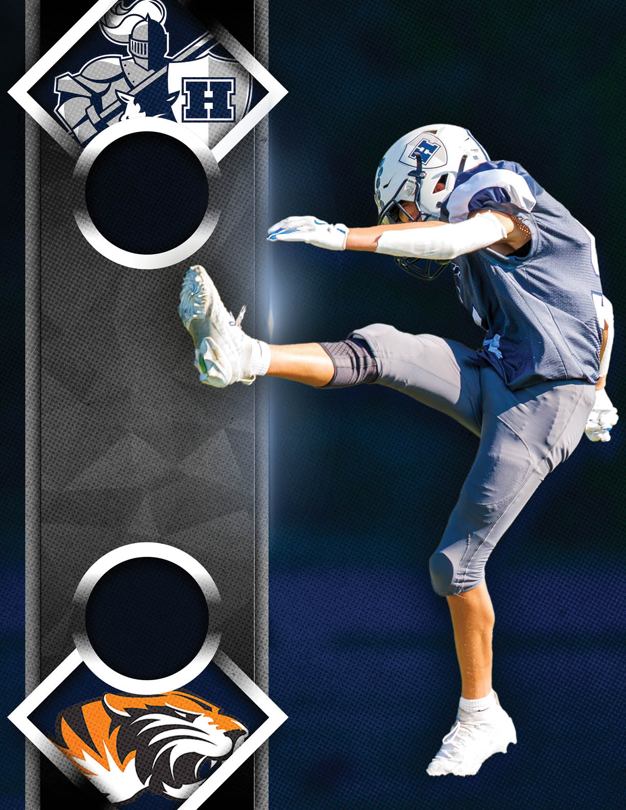 A football player wearing a blue jersey with the number 79. Description generated by AI
