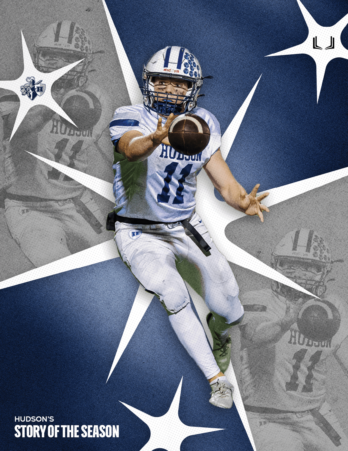 A football player wearing a blue and white uniform. Description generated by AI
