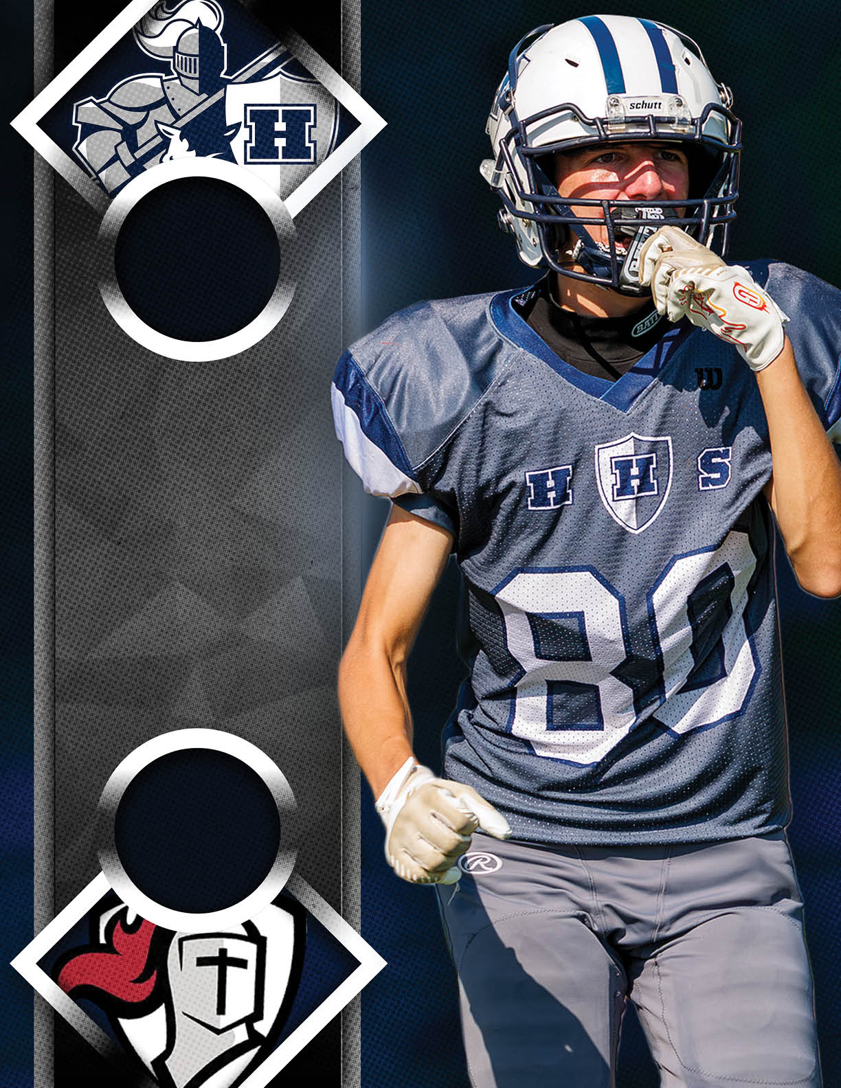 A football player wearing a blue jersey with the number 79. Description generated by AI