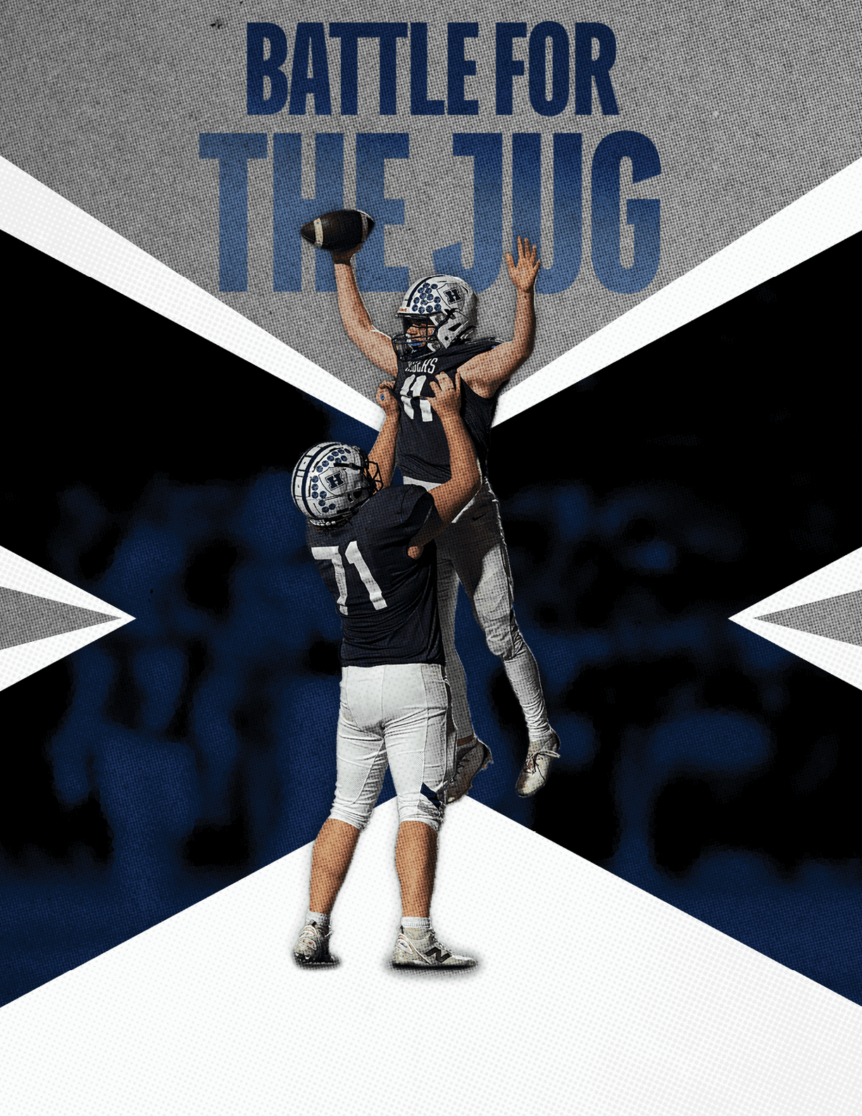 Two football players celebrating a touchdown. Description generated by AI