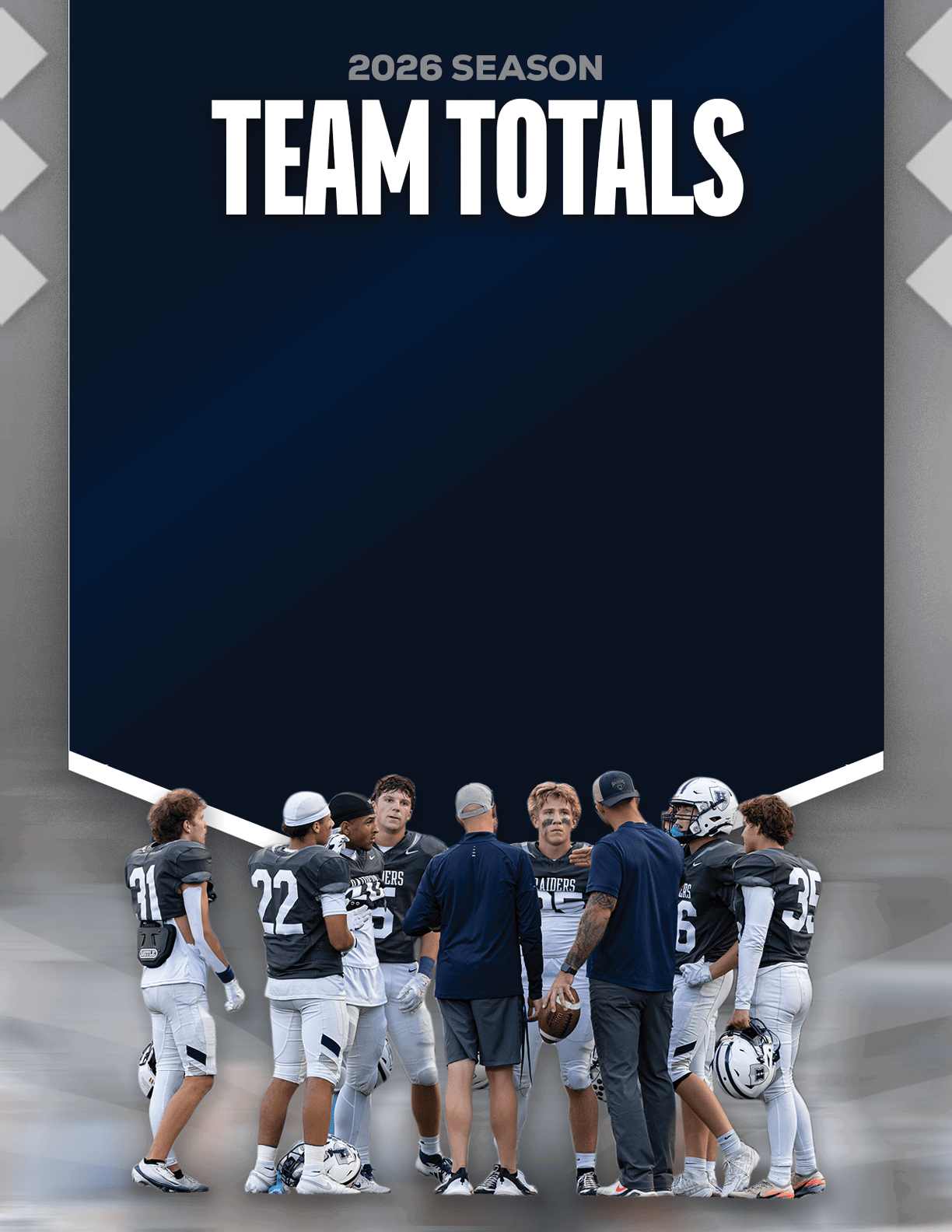 A group of football players standing on the field. Description generated by AI