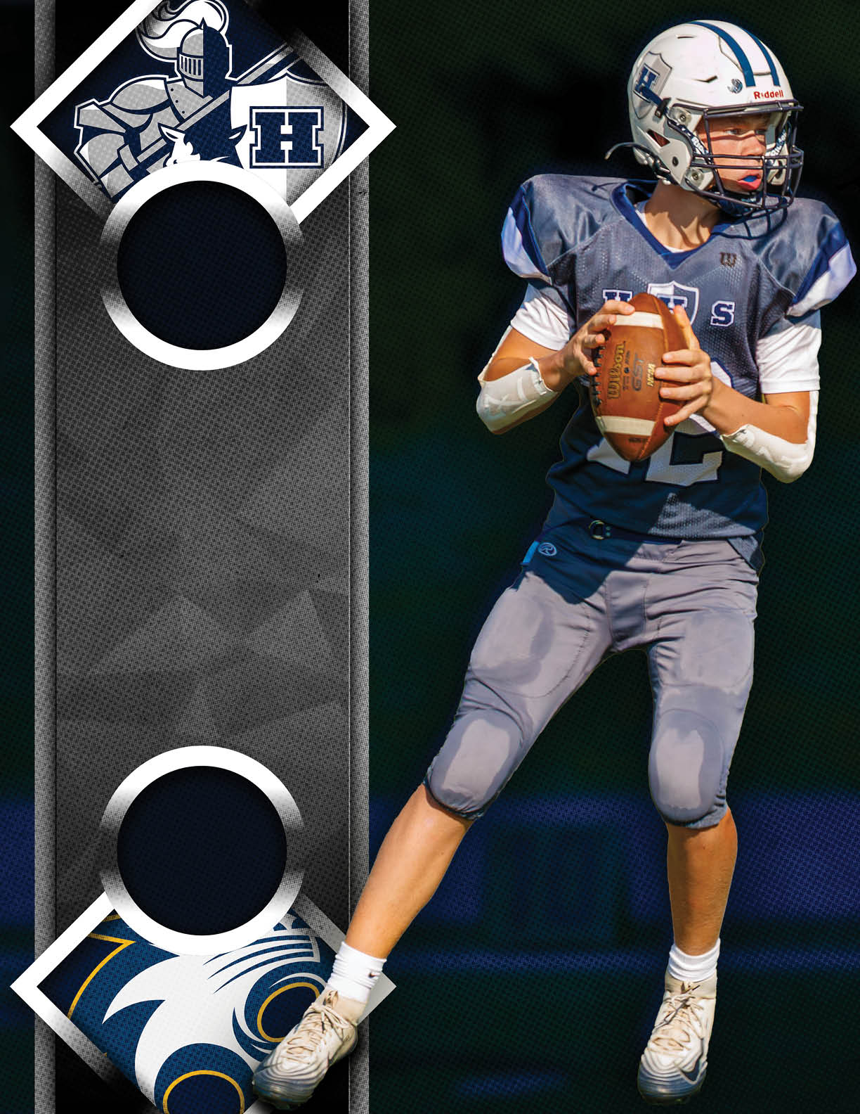 A football player wearing a blue jersey with the number 79. Description generated by AI