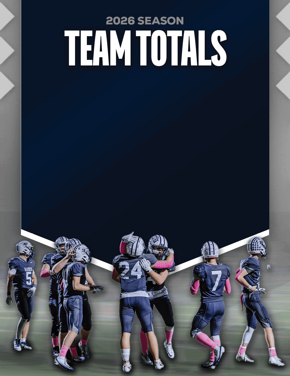 A group of football players standing on the field. Description generated by AI
