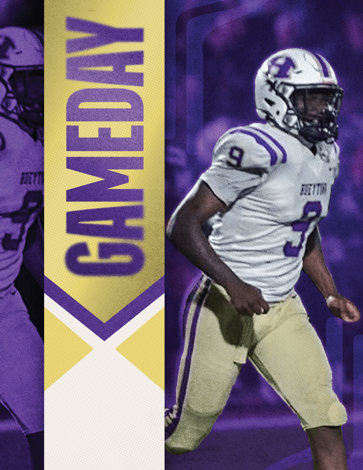 A person in a white and purple football uniform is running on a field next to a vertical banner with the word GAMEDAY in bold purple letters on a gold and white background. Description generated by AI