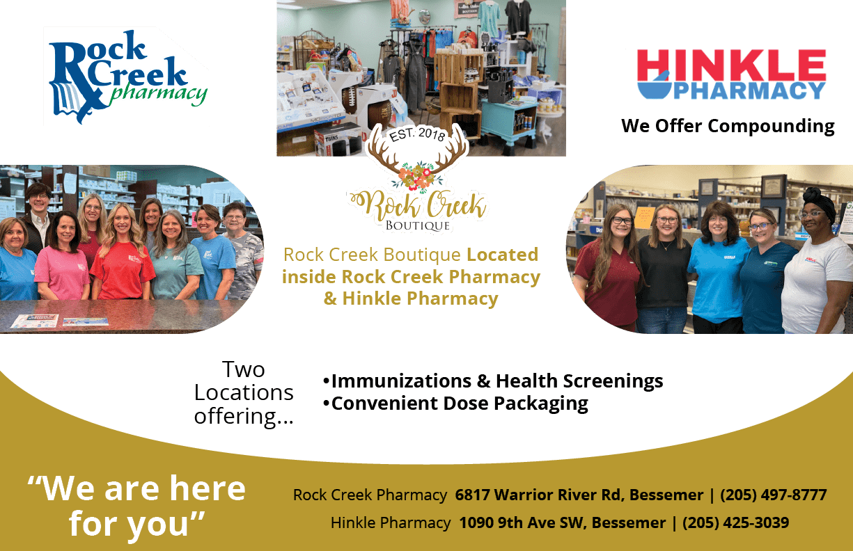 Two pharmacy locations are promoted with photos of staff smiling, a boutique interior, and text highlighting immunizations, health screenings, and convenient parking. Description generated by AI