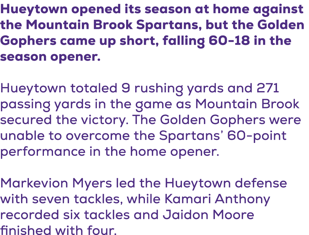 Hueytown opened its season at home against the Mountain Brook Spartans, but the Golden Gophers came up short, falling...