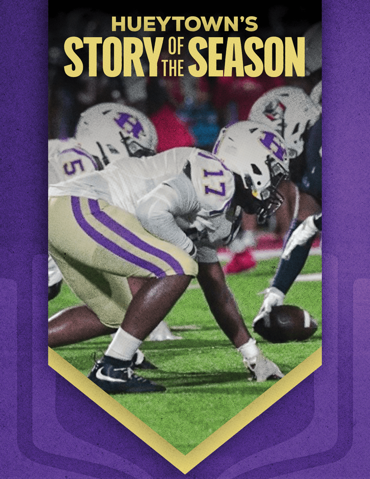 Football players in white and purple uniforms are lined up on a green field preparing for a play with the text Hueytown's Story of the Season above them. Description generated by AI