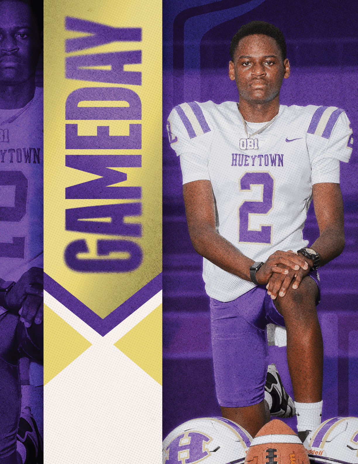 A person wearing a white and purple football uniform with the number 2 kneels on one knee next to two football helmets and a football with a purple and gold banner reading GAMEDAY in the background. Description generated by AI