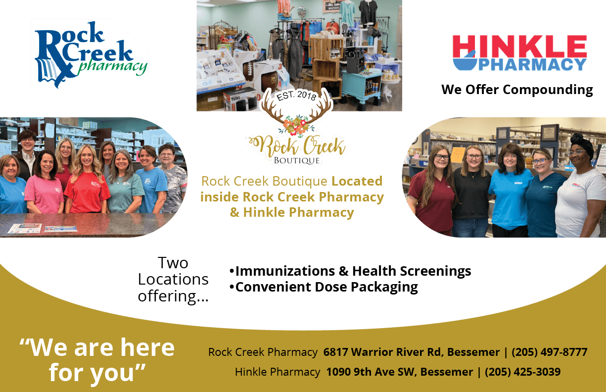 Two groups of adults stand inside pharmacies with shelves of products behind them, promoting Rock Creek Pharmacy and Hinkle Pharmacy offering immunizations, health screenings, and convenient dose packaging. Description generated by AI