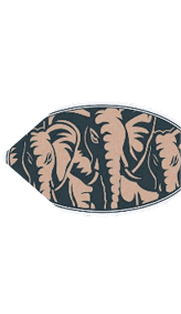 Three stylized elephants in a dark and light contrasting color scheme are depicted within an oval frame. Description generated by AI