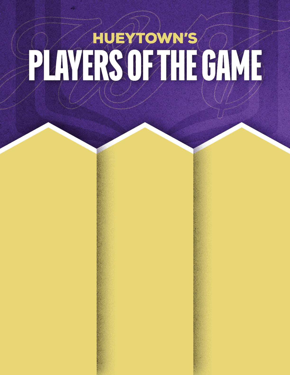 Hueytown's Players of the Game graphic features bold white text on a purple background with three gold podium shapes below. Description generated by AI