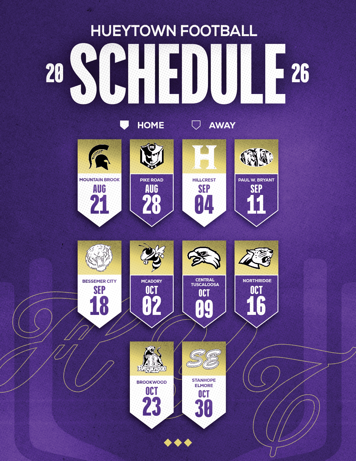 Hueytown Football 2026 schedule displayed on a purple background with team logos and dates for home and away games. Description generated by AI