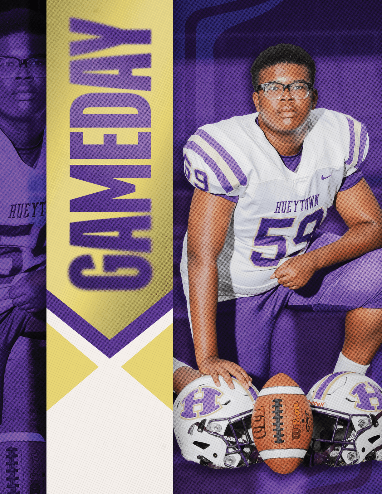 A person wearing a football uniform with the number 59 kneels on one knee next to two helmets and a football with a purple and gold background that includes the word GAMEDAY. Description generated by AI