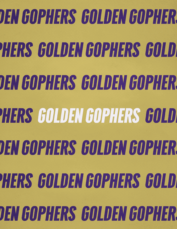 The image features a repeating pattern of the words “GOLDEN GOPHERS" in purple text on a gold background with one instance of "GOLDEN GOPHERS" highlighted in white. Description generated by AI