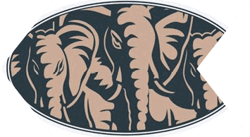 Stylized illustration of three elephants with overlapping trunks and ears in a dark and light contrasting color scheme within an oval frame. Description generated by AI