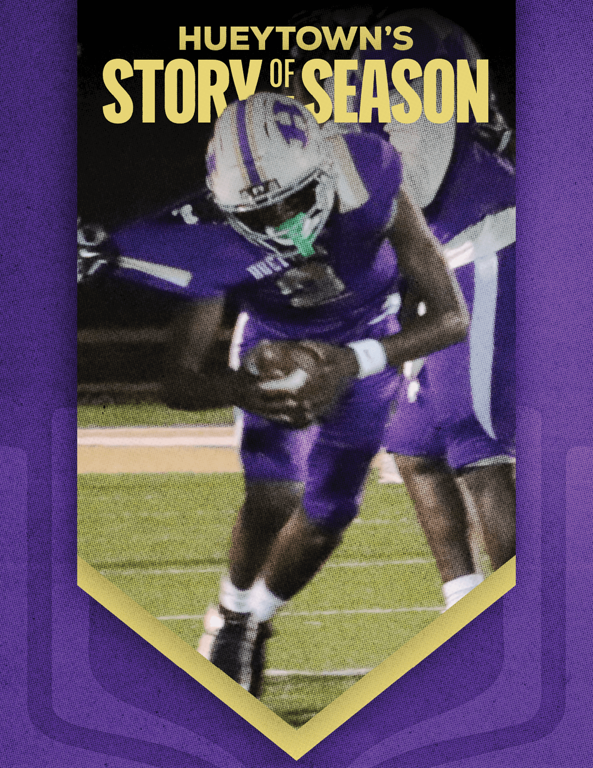A person in a purple football uniform is holding a football and running on a field with the text “Hueytown's Story of Season" above them. Description generated by AI