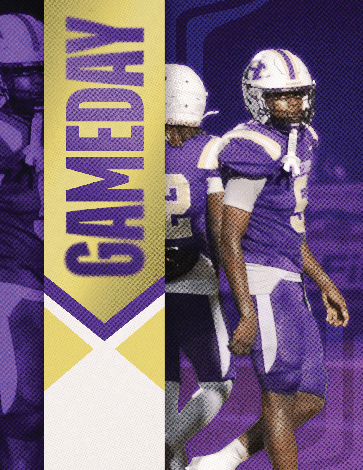 Two people in purple and white football uniforms stand on a field with a vertical banner reading GAMEDAY in bold letters. Description generated by AI